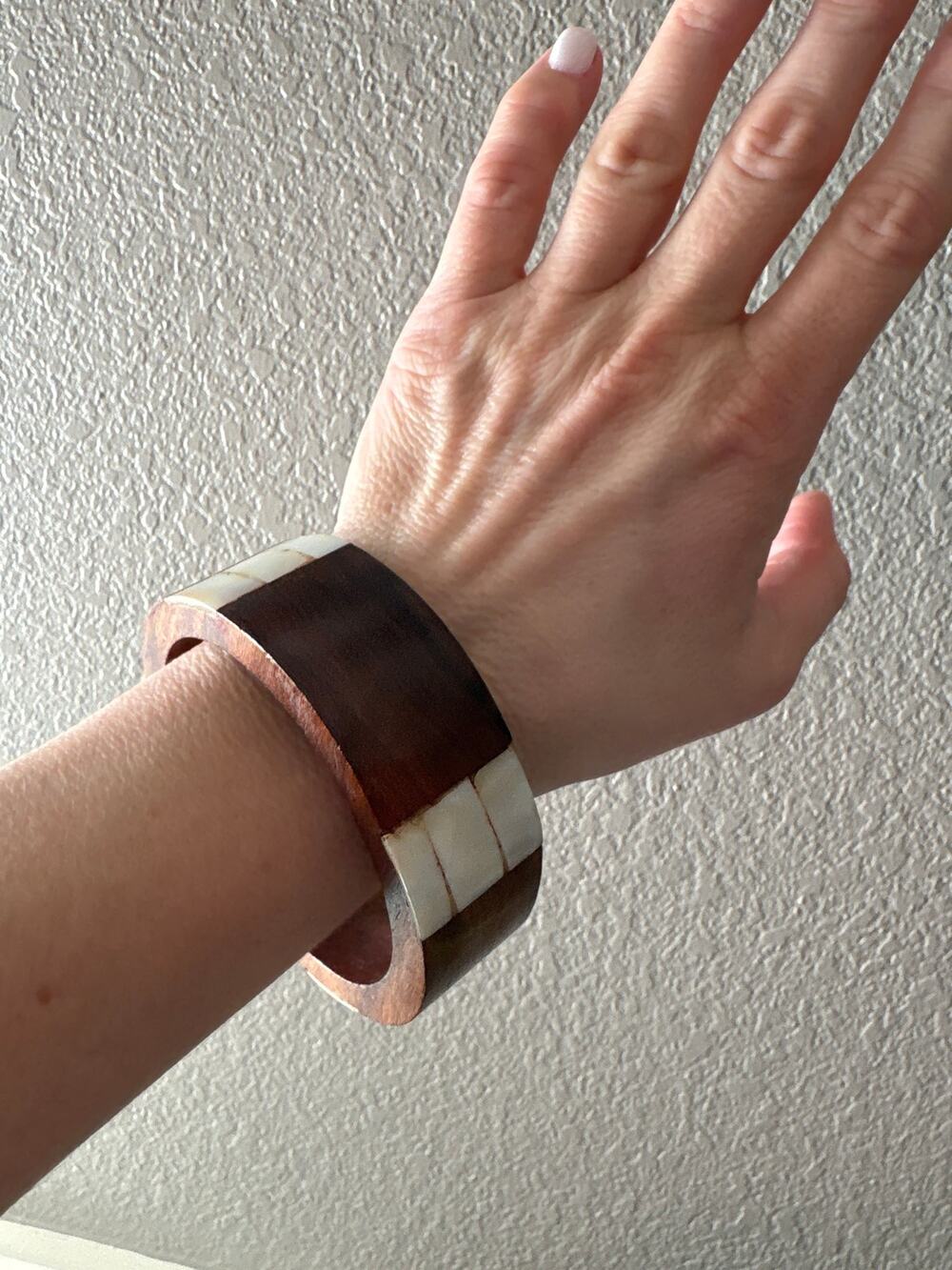 Vintage Wood Bangle Bracelet Mother of Pearl Inlay Wide Chunky Cuff